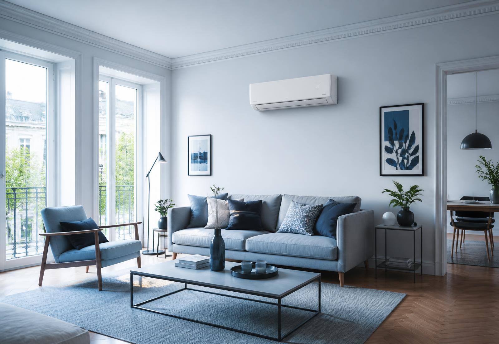 Climatiseur mural installé dans un salon lumineux